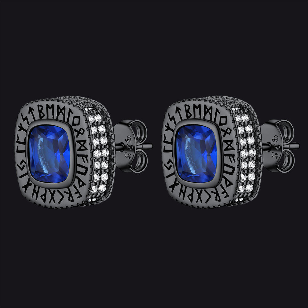 Cushion Cut Diamond Stud Earrings with Viking Runes in Sterling Silver