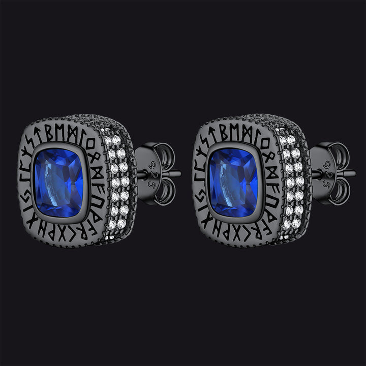 Cushion Cut Diamond Stud Earrings with Viking Runes in Sterling Silver