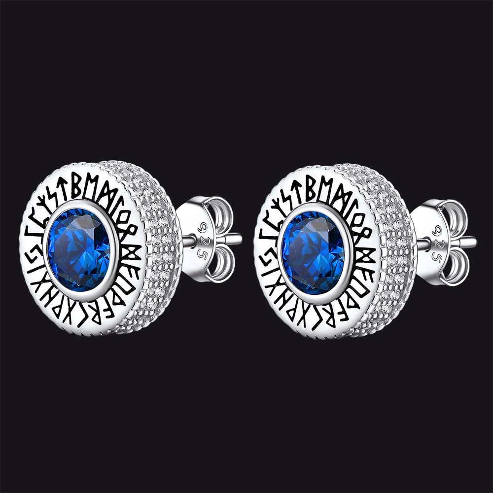 Sterling Silver Viking Runes Gemstone Stud Earrings for Men