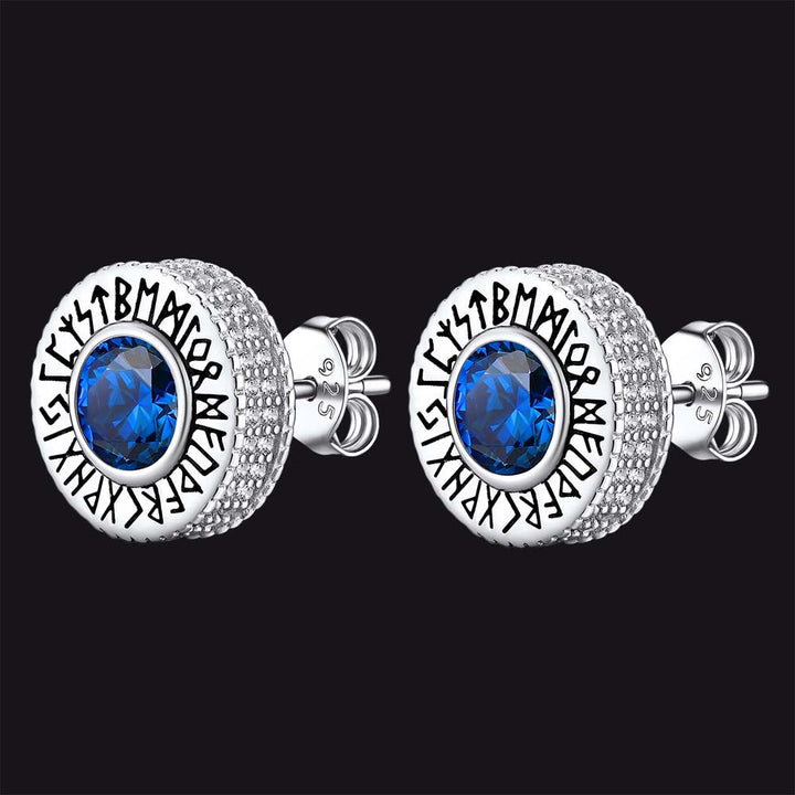 Sterling Silver Viking Runes Gemstone Stud Earrings for Men