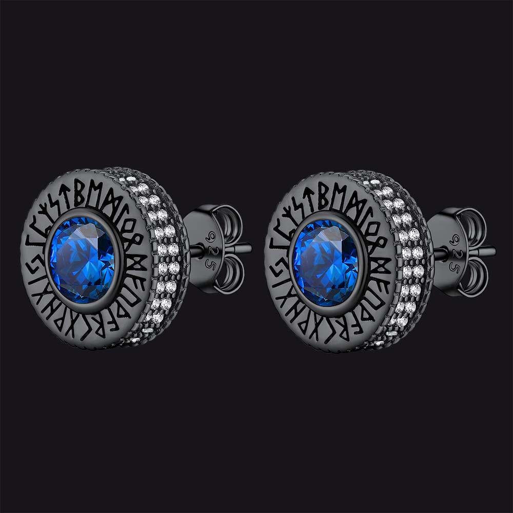 Sterling Silver Viking Runes Gemstone Stud Earrings for Men