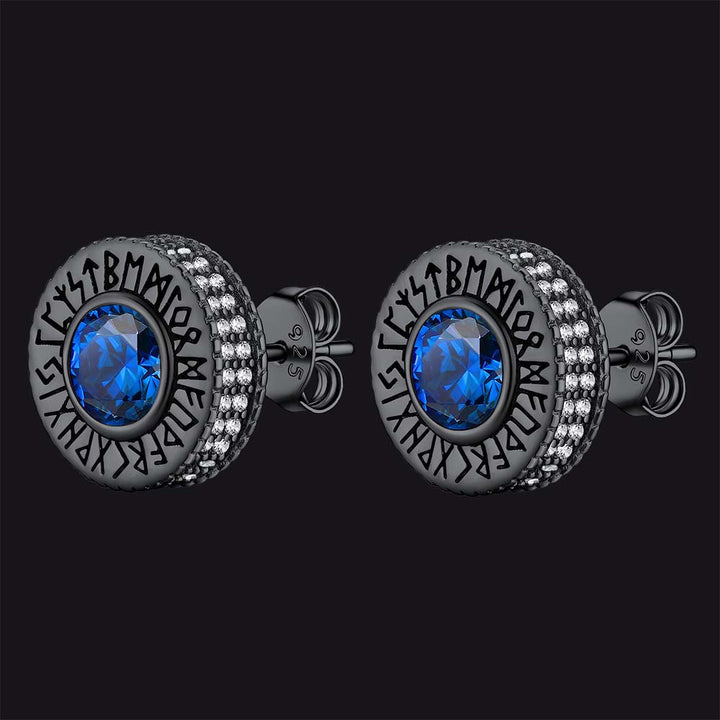 Sterling Silver Viking Runes Gemstone Stud Earrings for Men