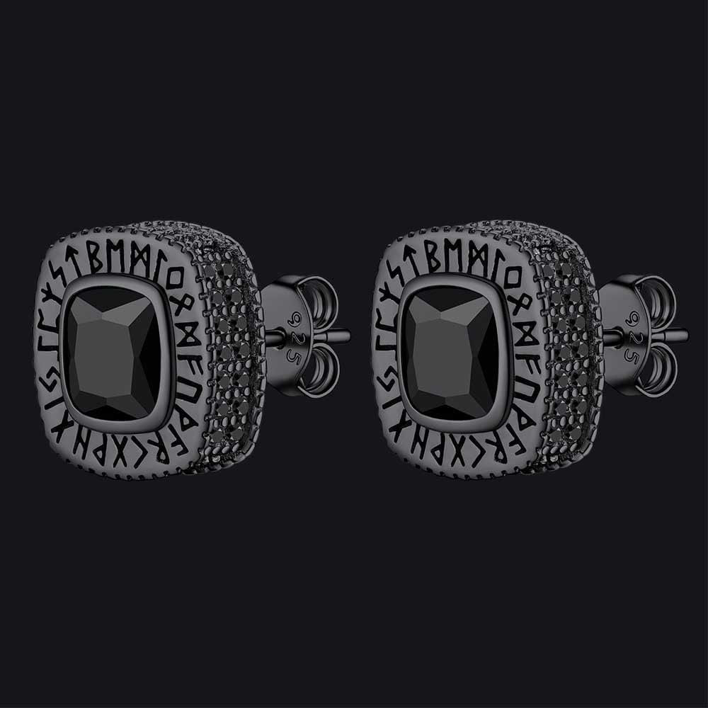 Cushion Cut Diamond Stud Earrings with Viking Runes in Sterling Silver