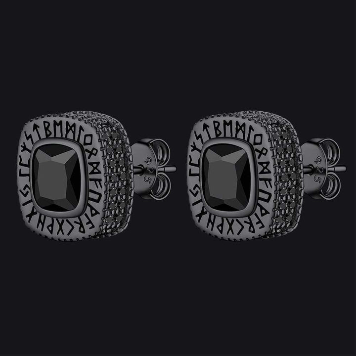 Cushion Cut Diamond Stud Earrings with Viking Runes in Sterling Silver