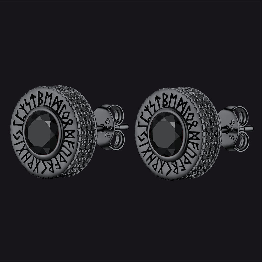 Sterling Silver Viking Runes Gemstone Stud Earrings for Men
