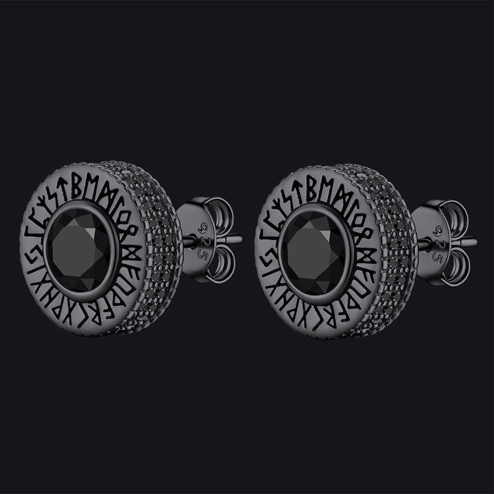 Sterling Silver Viking Runes Gemstone Stud Earrings for Men
