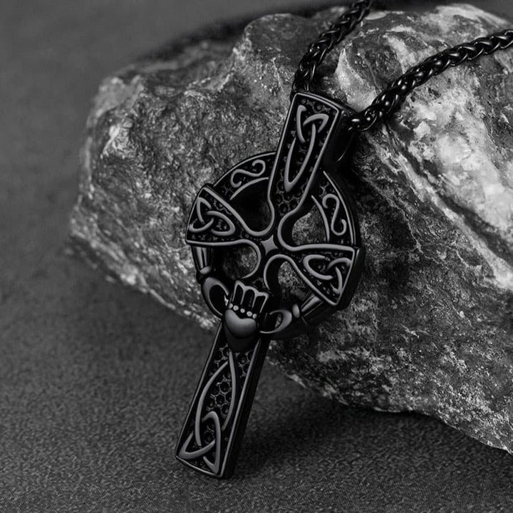 Irish Celtic Cross Necklace with Claddage For Men