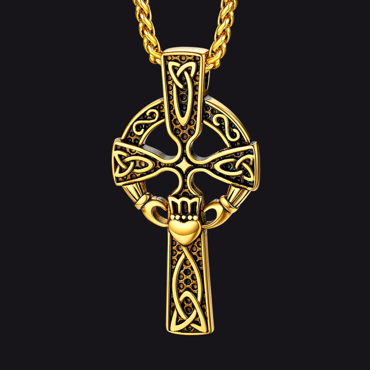 Irish Celtic Cross Necklace with Claddage For Men