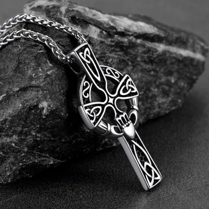 Irish Celtic Cross Necklace with Claddage For Men