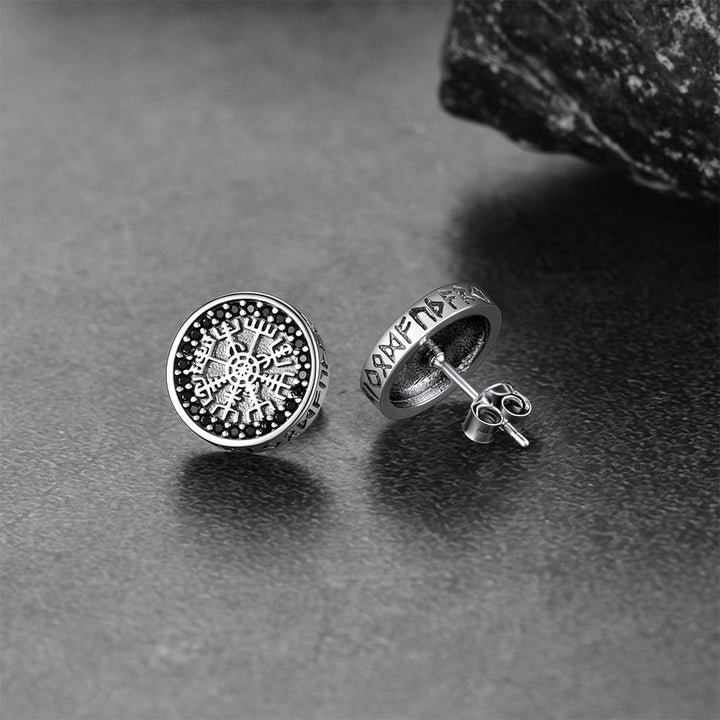 Sterling Silver Viking Compass Stud Earrings With Runes