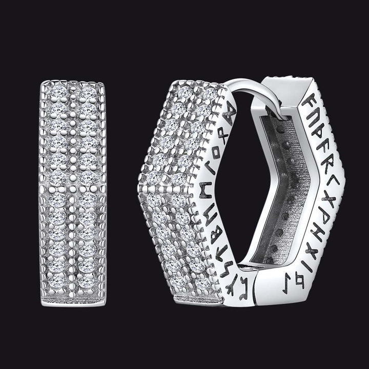 Hexagon Viking Diamond Hoop Earrings With Runes for Men