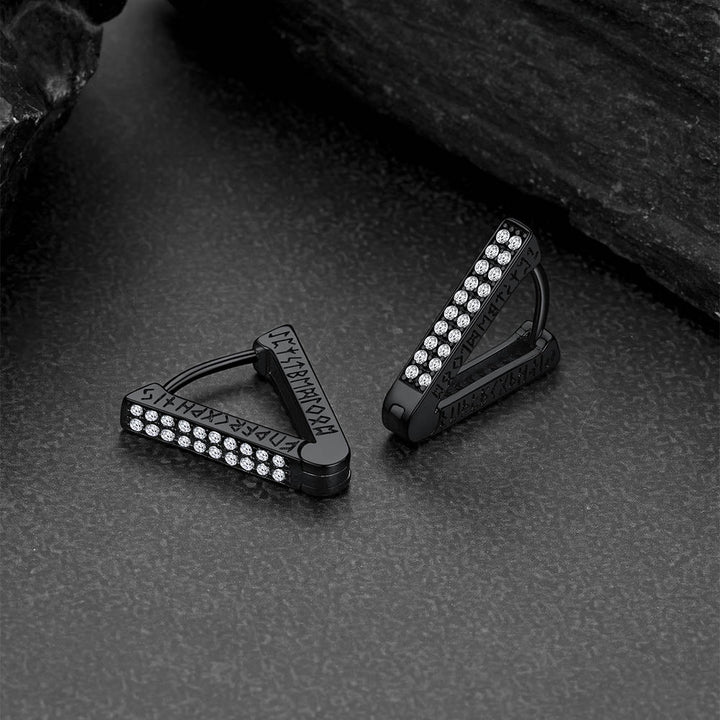 Cubic Zirconia Triangle Huggie Hoop Earrings With Viking Runes for Men