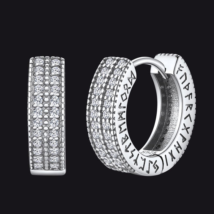 Sterling Silver Diamond Hoop Earrings with Viking Runes for Men