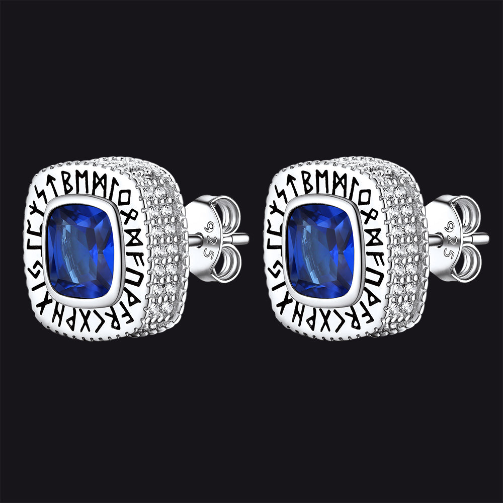 Cushion Cut Diamond Stud Earrings with Viking Runes in Sterling Silver