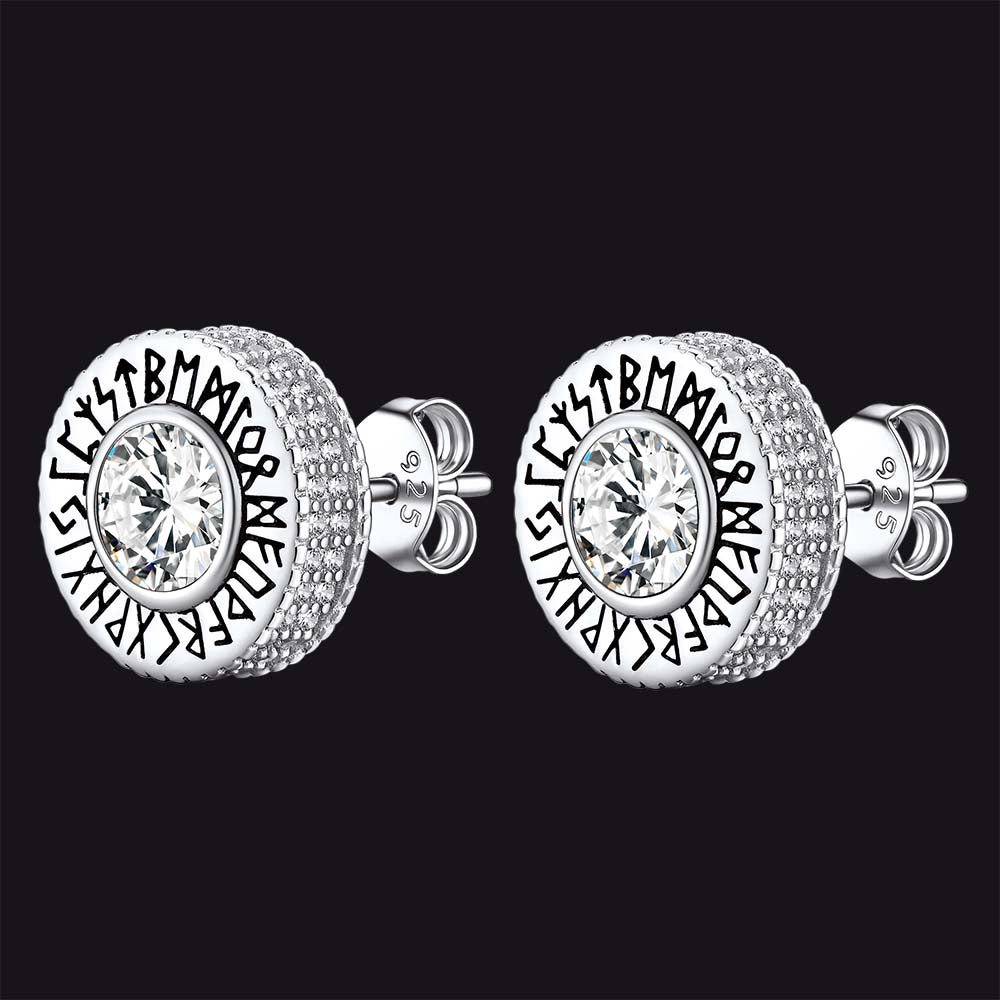 Sterling Silver Viking Runes Gemstone Stud Earrings for Men