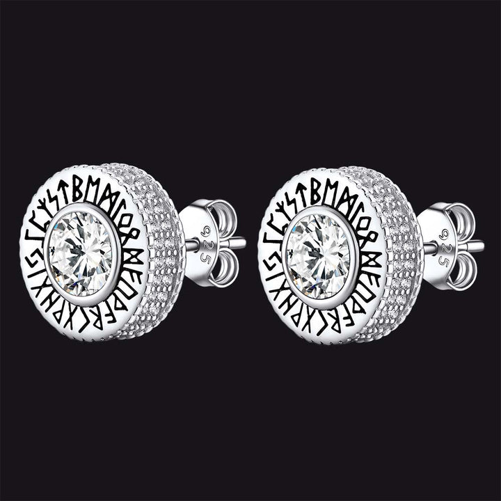 Sterling Silver Viking Runes Gemstone Stud Earrings for Men