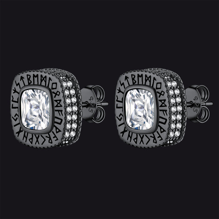 Cushion Cut Diamond Stud Earrings with Viking Runes in Sterling Silver