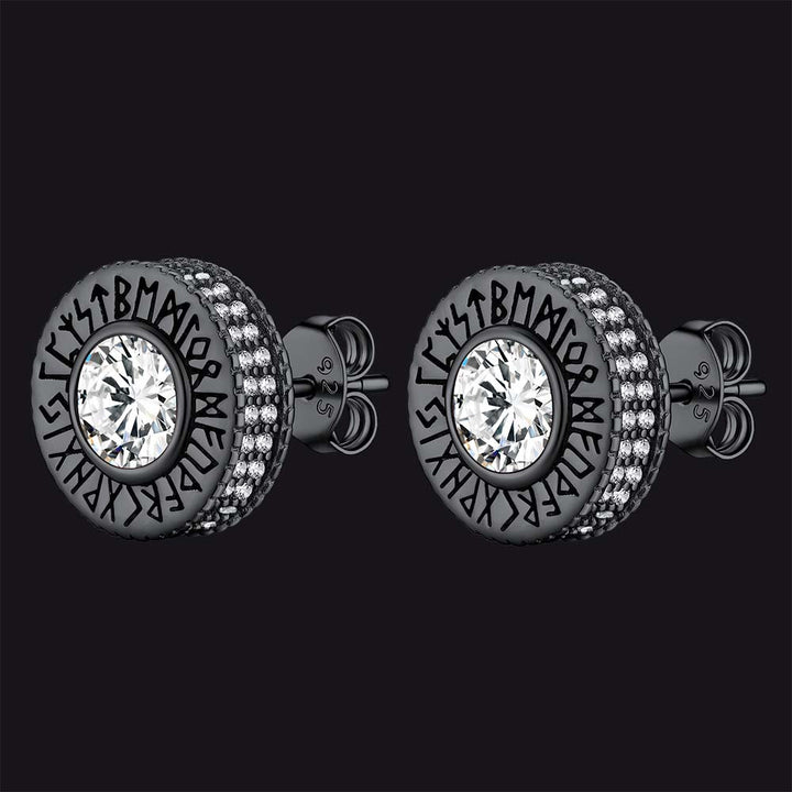 Sterling Silver Viking Runes Gemstone Stud Earrings for Men