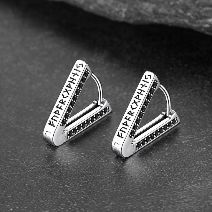 Sterling Silver Viking Triangle Huggie Hoop Earrings with Black Zirconia for Men