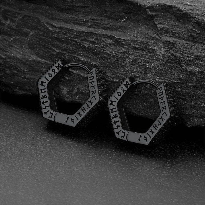 Hexagon Viking Diamond Hoop Earrings With Runes for Men
