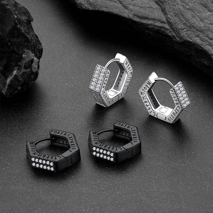 Hexagon Viking Diamond Hoop Earrings With Runes for Men