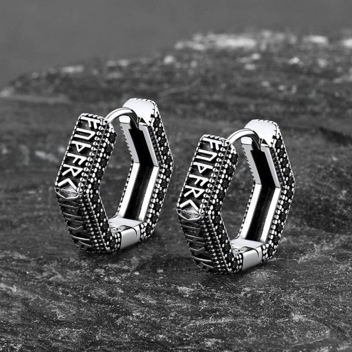 Viking Runes Hexagon Huggie Hoop Earrings for Men