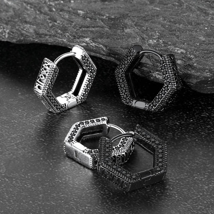 Viking Runes Hexagon Huggie Hoop Earrings for Men