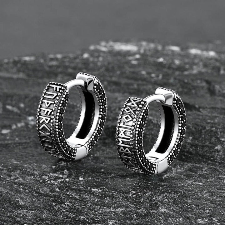 Sterling Silver Viking Runes Hoop Earrings With Black Zirconia for Men