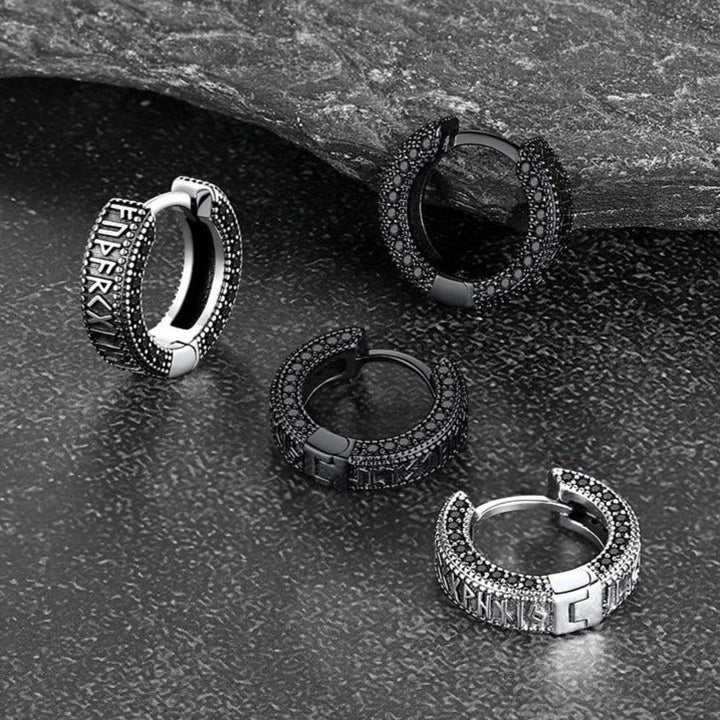 Sterling Silver Viking Runes Hoop Earrings With Black Zirconia for Men