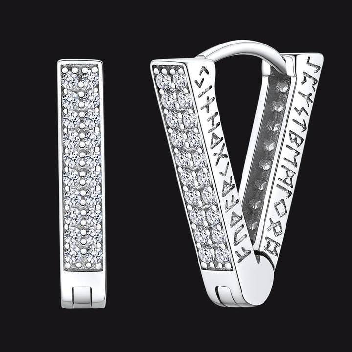 Cubic Zirconia Triangle Huggie Hoop Earrings With Viking Runes for Men