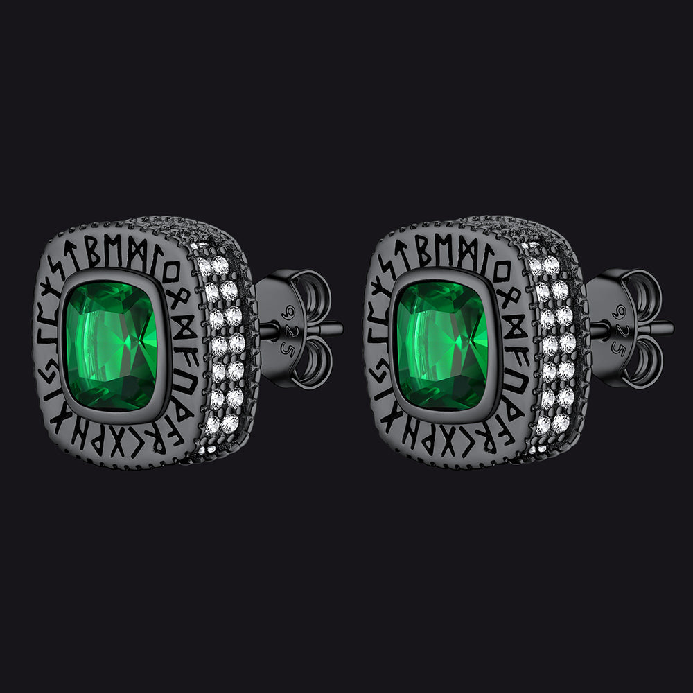 Cushion Cut Diamond Stud Earrings with Viking Runes in Sterling Silver