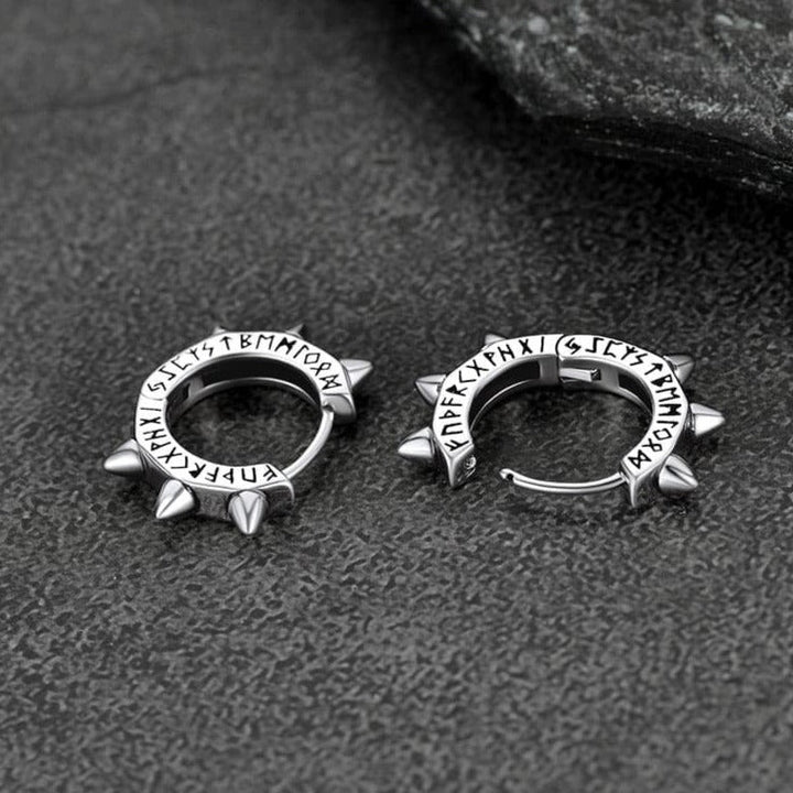 Sterling Silver Rivet Hoop Earrings with Viking Runes for Men