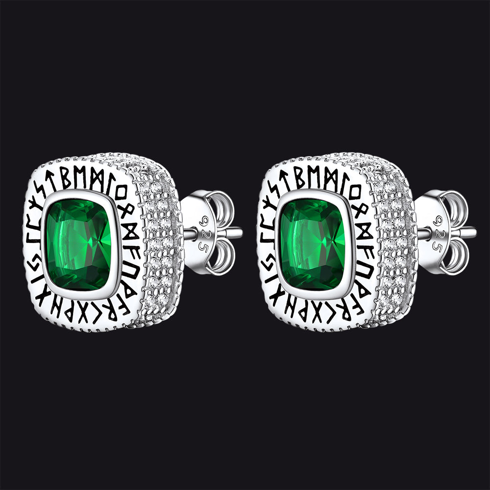 Cushion Cut Diamond Stud Earrings with Viking Runes in Sterling Silver