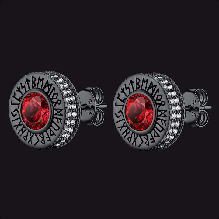 Sterling Silver Viking Runes Gemstone Stud Earrings for Men