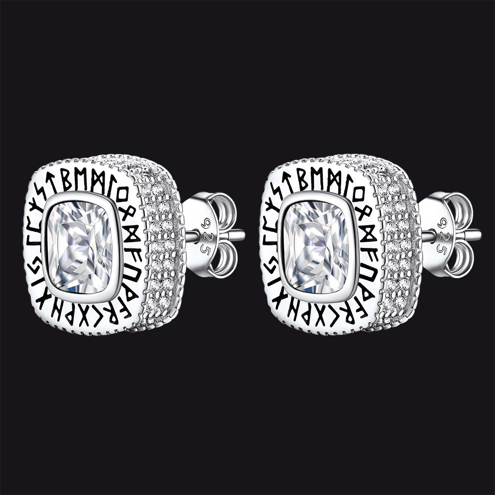 Cushion Cut Diamond Stud Earrings with Viking Runes in Sterling Silver