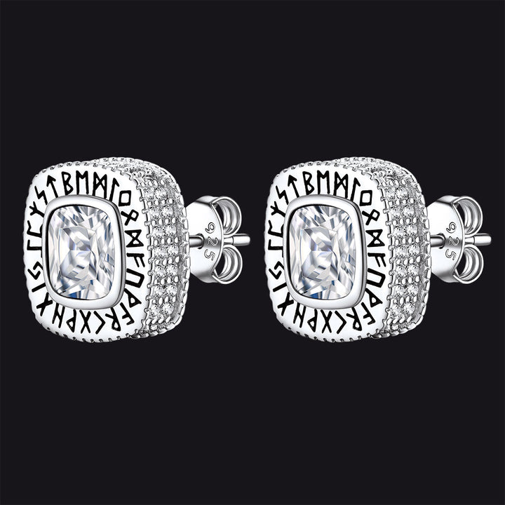 Cushion Cut Diamond Stud Earrings with Viking Runes in Sterling Silver