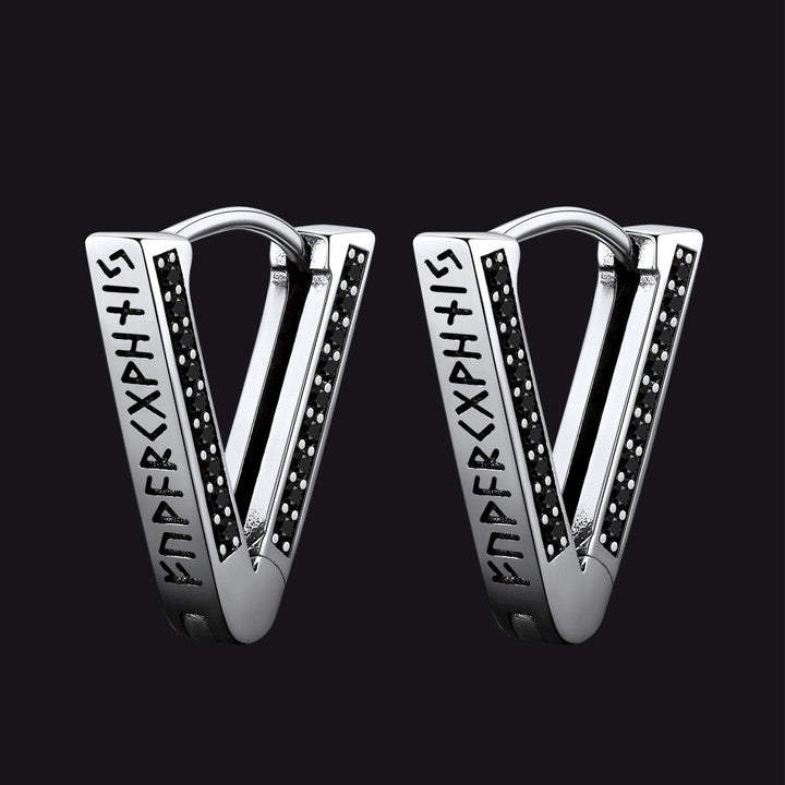 Sterling Silver Viking Triangle Huggie Hoop Earrings with Black Zirconia for Men