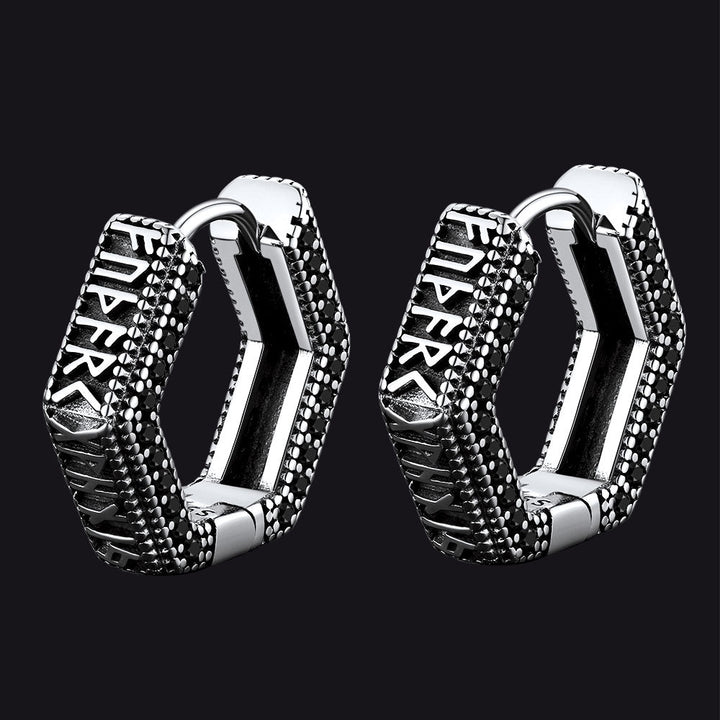 Viking Runes Hexagon Huggie Hoop Earrings for Men