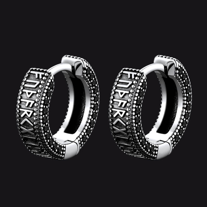 Norse Viking Runes Huggie Hoop Earrings in Sterling Silver