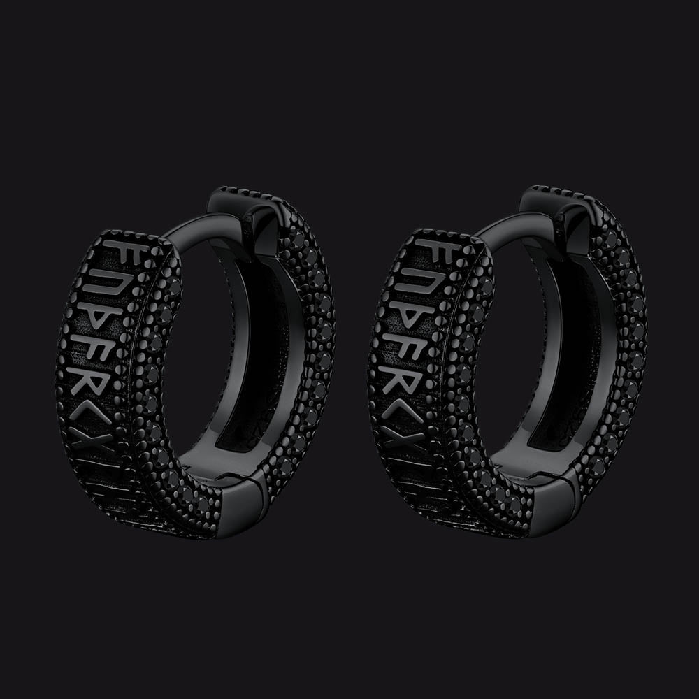 Sterling Silver Viking Runes Hoop Earrings With Black Zirconia for Men