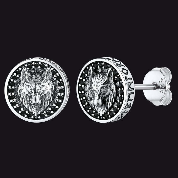 Sterling Silver Viking Wolf Head Stud Earrings For Men
