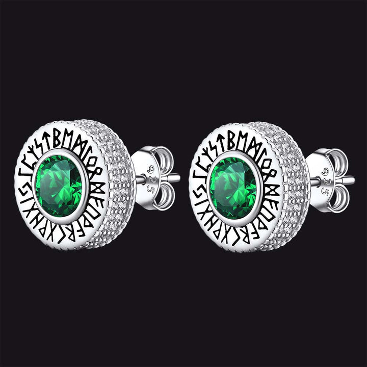 Sterling Silver Viking Runes Gemstone Stud Earrings for Men