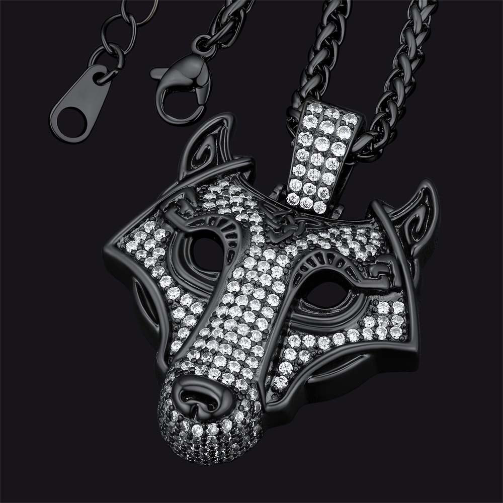 Hip Hop Viking Wolf Head Fenrir Necklace with Cubic Zirconia