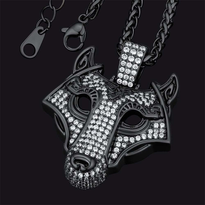 Hip Hop Viking Wolf Head Fenrir Necklace with Cubic Zirconia