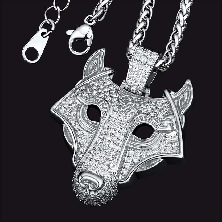 Hip Hop Viking Wolf Head Fenrir Necklace with Cubic Zirconia