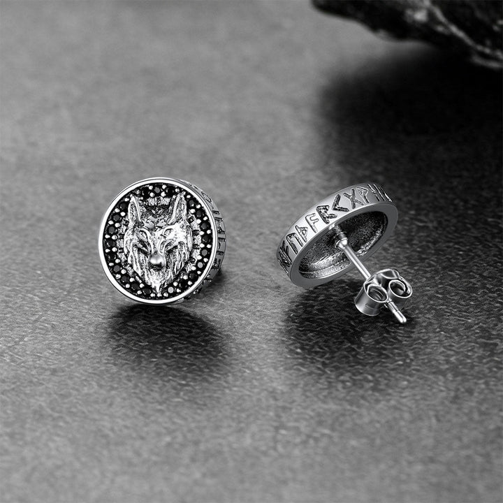 Sterling Silver Viking Wolf Head Stud Earrings For Men