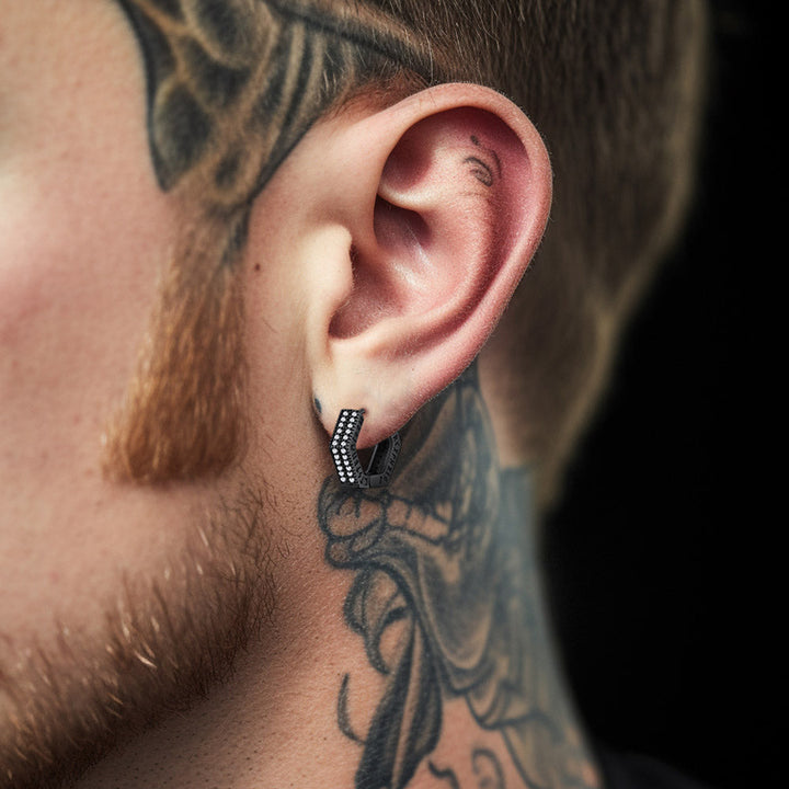 Hexagon Viking Diamond Hoop Earrings With Runes for Men