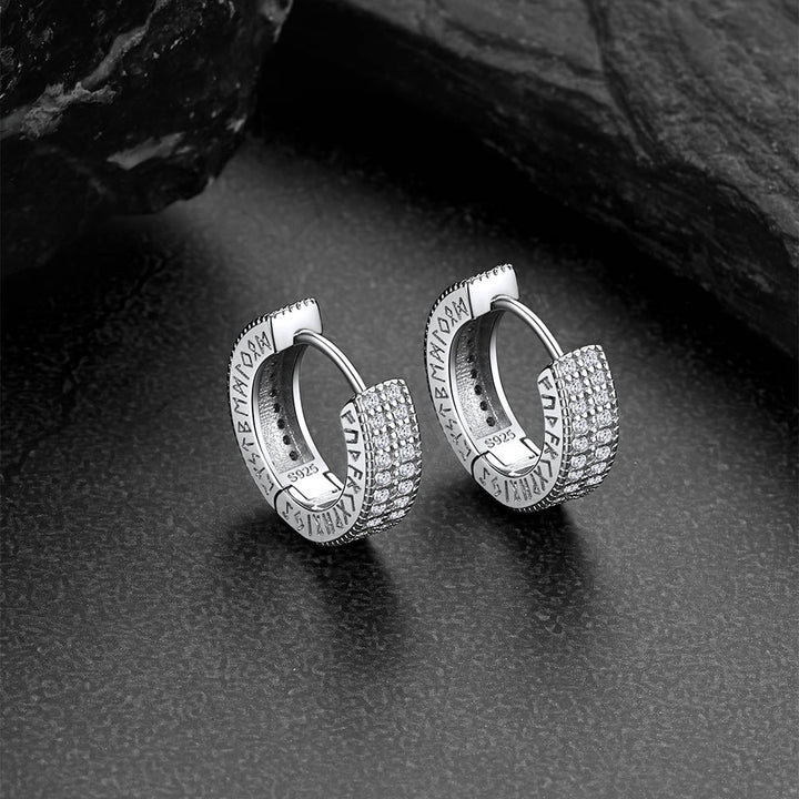 Sterling Silver Diamond Hoop Earrings with Viking Runes for Men