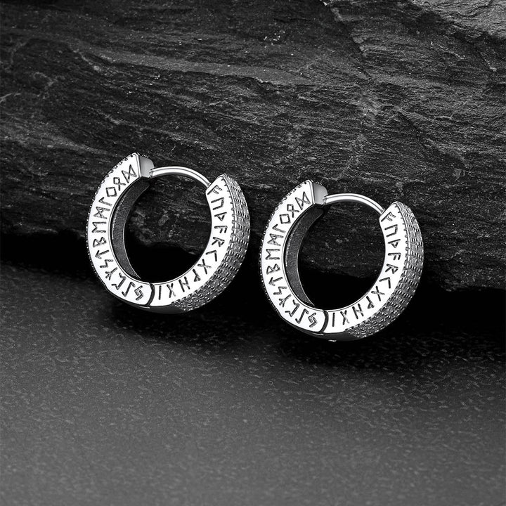 Sterling Silver Diamond Hoop Earrings with Viking Runes for Men