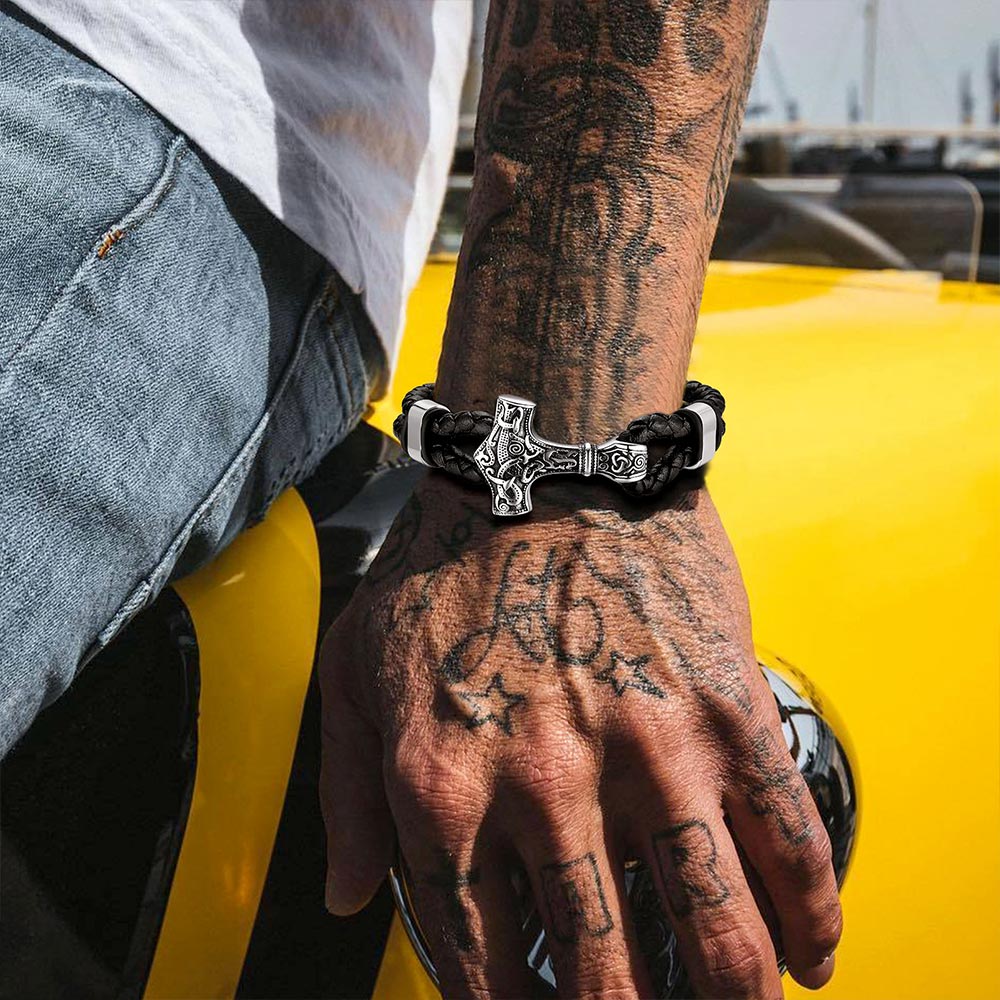 Viking Thor's Hammer Mjolnir Braided Leather Bracelet Gift For Men